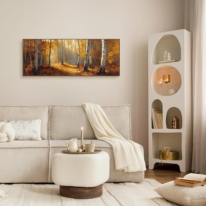 TLESKE Vintage Orange Fall Birch Tree Forest Large Wall Art Decor Framed 15x40, Rustic Farmhouse Autumn Canvas Wall Art Print for Bedroom Living Room, Fall Nature Wall Artwork Picture