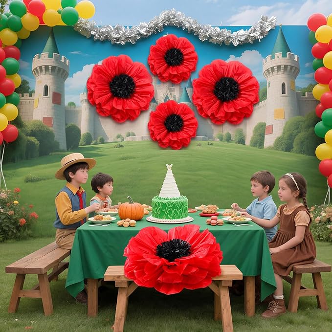 Chunful 5 Pcs 30'' 24'' Giant Red Paper Poppy Flowers Wizard Party Decoration Large Hanging Tissue Paper Poppies Pom Poms Decor for Memorial Day Halloween Veterans Day Carnival Witch Birthday