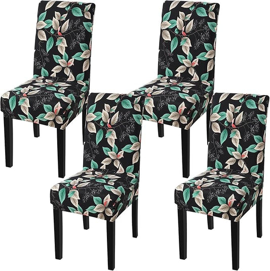 Fuloon Chair Covers for Dining Room 4 Pack, Printed Stretch Dining Slipcovers, Washable Kitchen Slip Covers for Parson Chair Midnight Leaves Printed, Set of 4