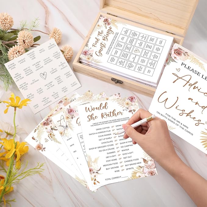 Silipull Bridal Shower Games Set for 50 Guests Includes Bingo, He Said She Said, Scramble, Would She Rather, Advice and Wishes Wedding Games Double Sided with Wooden Box, 20 Pencils (Boho)
