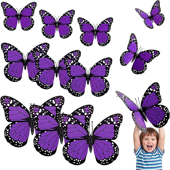 Chuangdi 12 Pcs Large Purple Monarch Butterfly Decorations 3 Size 12inch, 9inch, 6inch Fake Butterflies Realistic Butterfly Craft Artificial Mariposas Wall Decor for Craft Wedding Home Birthday Party