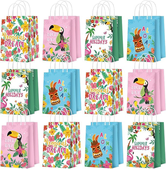 Outus 24 Pcs Summer Hawaiian Party Favor Bags Tropical Goodie Gift Paper Bags with Handles Aloha Tiki Luau Palm Leaves Flamingo Treat Candy Pouch for Summer Party Birthday Decor Baby Shower Supplies