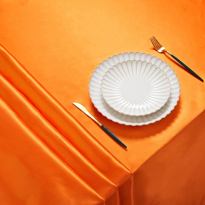 1 Pack Square Satin Table Cover Silkly Soft Table Cloth, Satin Dining Table Cloths for Wedding Banquet Table Decoration, Dining Room, Indoor and Outdoor Use, 52 x 52 Inches, Orange