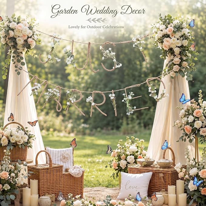 Norme Just Married Banner Baby's Breath Wedding Party Decorations Metal 3D Flower Just Married Photo Booth Props Signs Garland Backdrop Bridal Shower Reception Ceremony Car Decoration