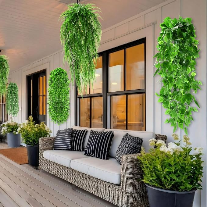 Daifunli 24 Pcs Artificial Hanging Plants Fake Hanging Ferns Plastic Faux Plants for Wall Room Garden Garland Indoor Outdoor Decor No Basket (Boston,Eucalyptus,Ivy Vine,String of Pearls)