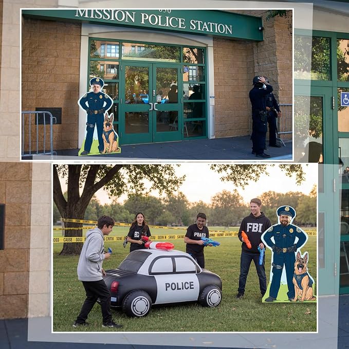Amyhill Police Theme Party Decoration 4.9 ft Policemen with Dog Cardboard Photo Prop Officer Cutout Stand-up Life Size Backdrop for Police Theme Birthday Party Supplies Celebrations Memorial Event