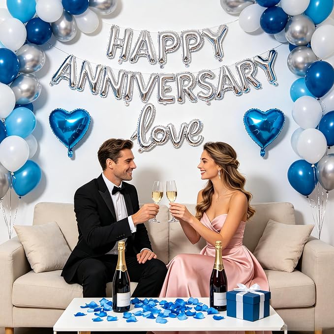 Blue Happy Anniversary Balloons Kit with Heart Shaped, Love Foil Balloons and 1000 Pieces Rose Petals for Valentine's Day Proposals Decorations (Blue - Happy Anniversary)