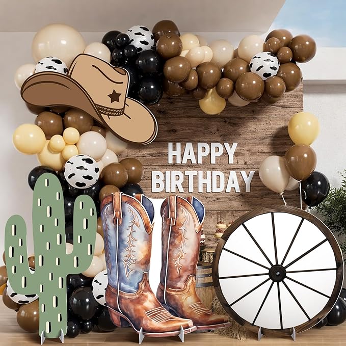 4 Pcs Western Party Decorations, Large Cowboy Birthday Party Decorations, 24 Inch Plastic Cardboard Cutouts Props, Wild West Themed Standups with Boots Wagon Wheel Cactus Hat for Photo Booth