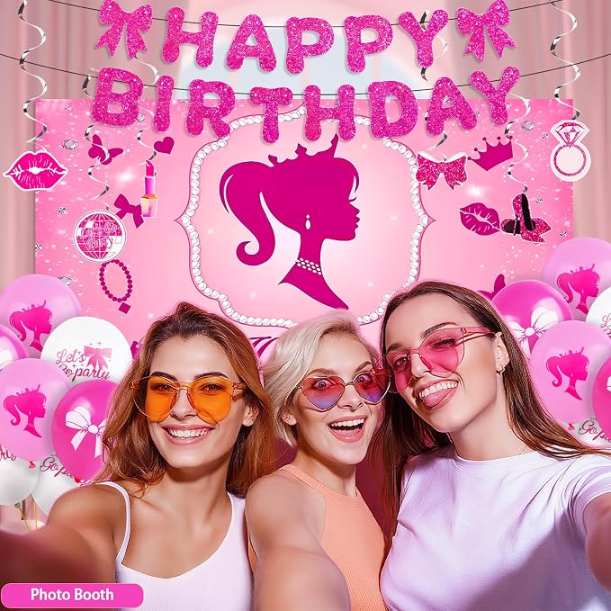 Hot Pink Birthday Party Decorations Supplies, Pink Glitter Happy Birthday Banner, Backdrop, Balloons, Hanging Swirls, Sash, Headband, Cake & Cupcake Toppers for Kids Girls and Women