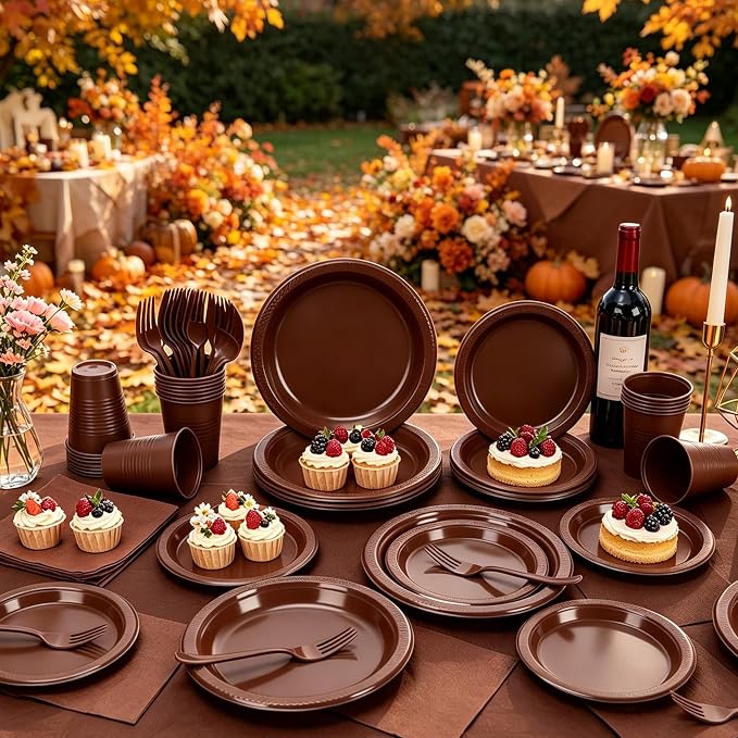 Brown Plastic Plates for Party,30 Guest Disposable Brown Party Supplies Including Dinner&Dessert Plate,12oz Cups,Cutlery,Napkins & Tablecloth Dinnerware Decorations for Birthday Wedding