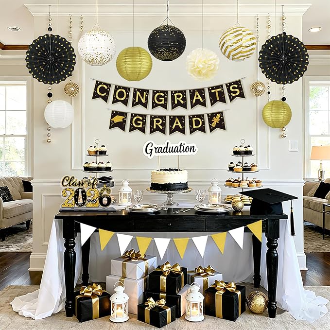 Black and Gold Party Decorations - 14Pcs Hanging Paper Lanterns Fans for Prom Decorations 2026, Graduation Party, Great Gatsby Theme, Men Women 40th 50th 60th Birthday Party Supplies