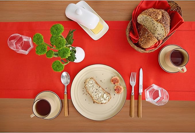 Solino Home Table Runner 108 Inches Long - Cotton Linen Hemstitch Poppy Red Table Runner 14 x 108 Inch for Mothers Day, Memorial Day