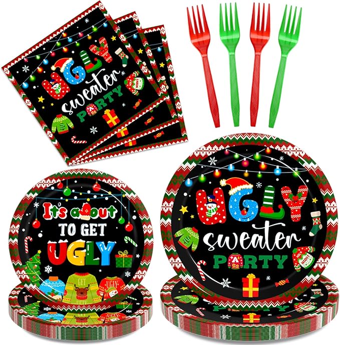 Kepeel 96Pcs Christmas Ugly Sweater Party Plates, Merry Christmas Party Decorations Supplies for Winter Holiday Xmas Family Gathering Birthday Party Disposable Tableware Set, Serves 24