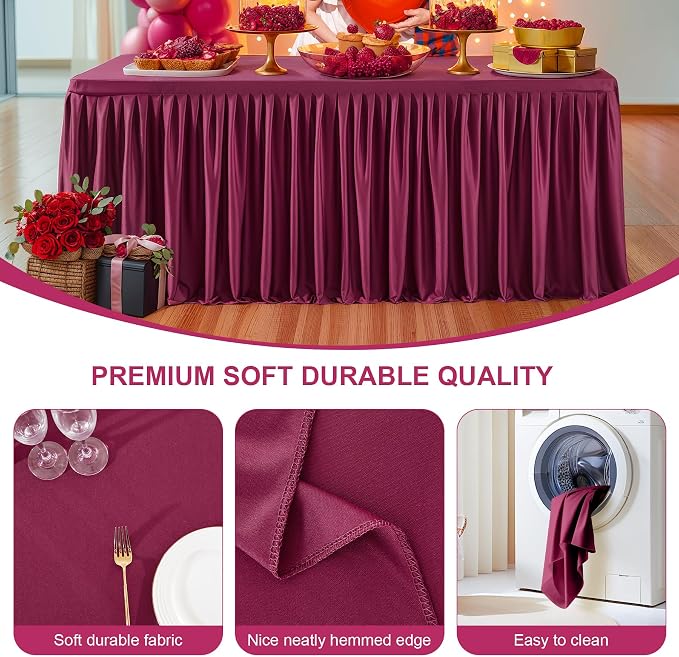 6 Packs Burgundy Polyester Table Clothes for 8 Foot Rectangle Tables, Wrinkle Free Fitted Table Cover 8ft Stretch Tablecloths with Skirt for Parties Weddings Birthday Banquet Baby Shower