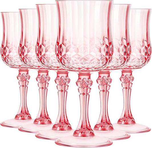 Pinkunn 6 Pcs 7 oz Plastic Vintage Wine Glasses Reusable Colored Goblets Patterned Drinking Water Glasses Cup Dishwasher Safe for Mother's Day Wedding Reception Party Supplies (Pink)