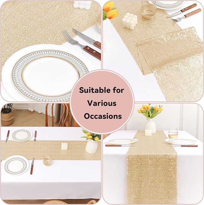Sugargirl 10 Packs 12 x 72 inches Sequin Table Runner, Glitter Champagne Table Runner for Birthday Party Supplies Wedding Holiday Celebration Event Decorations