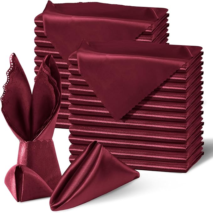 Homiest Burgundy Satin Napkins - 100 Pack, 17x17 Inches, Scalloped Square, Silky Elegant Wedding Napkins for Restaurant, Banquet, Graduation Party