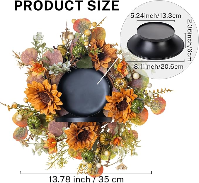 MOYEE Autumn Centerpieces for Tables Candle Ring, Black Metal Candlestick with an Artificial Wreaths 14 in Versatile Dining Table Centerpiece Decor (Sunflower Wreath)