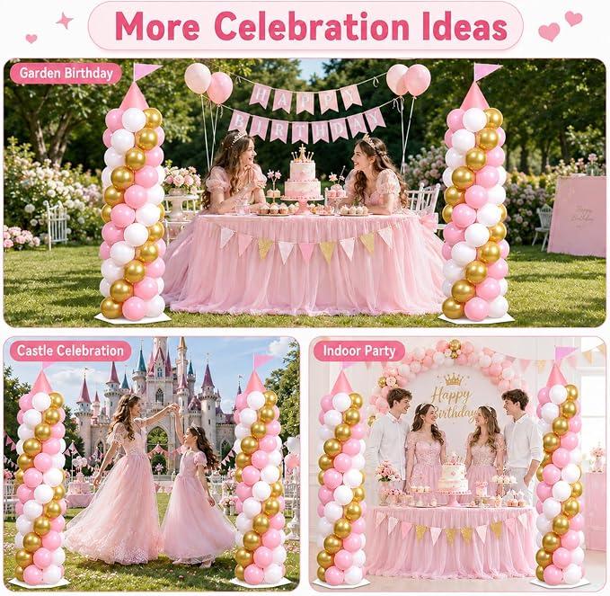 2 Sets Pink Princess Castle Balloon Column Stand Kit with 100 Balloons 2 Tricorne Hat 2 Pennant Pink White Gold Adjustable Balloon Tower Stand with Base for Princess Wedding Birthday Party Supplies