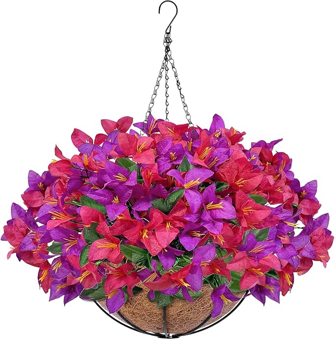 Artificial Fake Hanging Flowers Plants Baskets for Outdoors, Faux Silk Bougainvillea in Planter UV Resistant Realistic Spring Summer Decoration for Outside Porch Patio Yard Home Decor (Purple Hotpink)