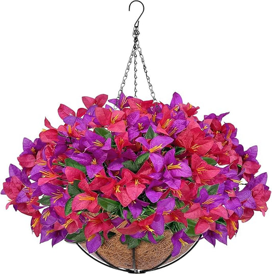 Artificial Fake Hanging Flowers Plants Baskets for Outdoors, Faux Silk Bougainvillea in Planter UV Resistant Realistic Spring Summer Decoration for Outside Porch Patio Yard Home Decor (Purple Hotpink)