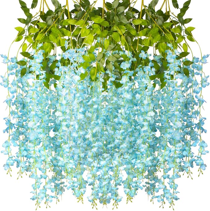 AITISOR 12 Pack Artificial Flowers Silk Wisteria Vine Ratta Hanging Flower (Sky Blue)