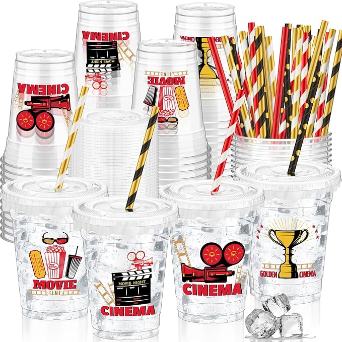 FoldTier 50 Pcs Movie Night Cups 12 oz Disposable Plastic Cups with Straws and Lids Cinema Clear mug Birthday mugs Supplies Birthday Table Decorations Party Favor