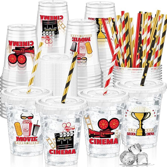 FoldTier 50 Pcs Movie Night Cups 12 oz Disposable Plastic Cups with Straws and Lids Cinema Clear mug Birthday mugs Supplies Birthday Table Decorations Party Favor