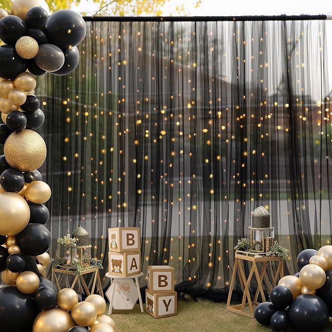 30x8ft Black Tulle Backdrop Curtain with Lights String for Parites, Sheer Backdrop Curtains for Wedding Baby Shower Birthday Party Photo Shoot Decorations