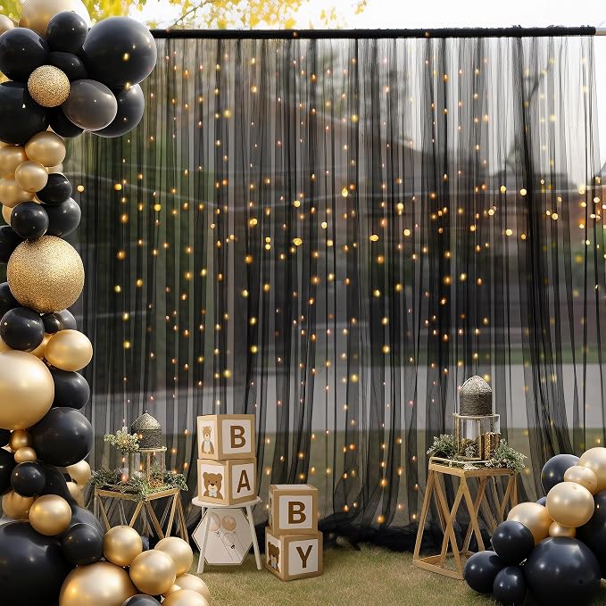10x10ft Black Tulle Backdrop Curtain with Lights String for Parites, Sheer Photo Backdrop Drapes for Wedding Baby Shower Birthday Party Photo Shoot Decorations