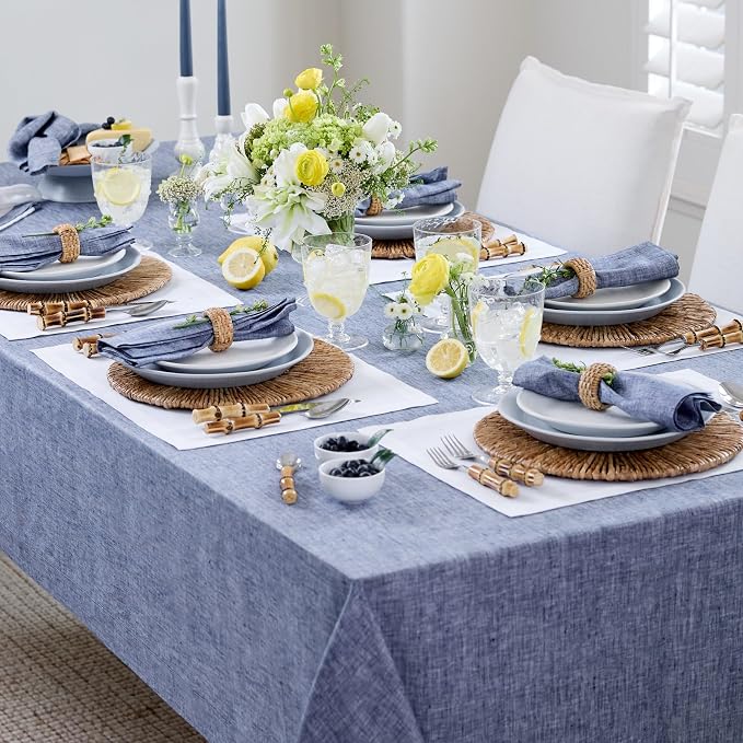 Solino Home Linen Tablecloth 60 x 108 Inch - 100% Pure Linen Chambray Indigo Table Cloth for Rectangle Tables - Athena, Machine Washable Tablecloth for Summer