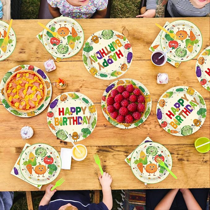 96Pcs Vegetable Birthday Party Supplies Cute Vegetable Plates and Napkins Garden Theme Tableware Sets for Farmer Market Birthday Baby Shower Party Decorations,Serves 24