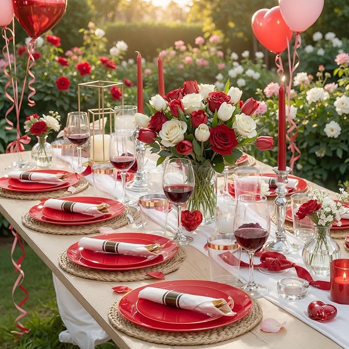 KIRE 350PCS Red Plastic Plates - Heavy Duty Red Plates Disposable - 50Guest Plastic Dinnerware Include 50Dinner Plate,50Dessert Plate,50Pre Rolled Napkins with Silverware for Wedding&Mother's Day