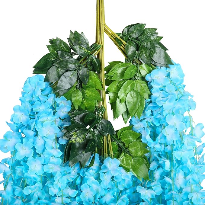 Pauwer Wisteria Hanging Flowers 12 Pack Fake Flower Garland Artificial Wisteria Vines Rattan Silk Flower String Wedding Party Wall Decorations,Blue