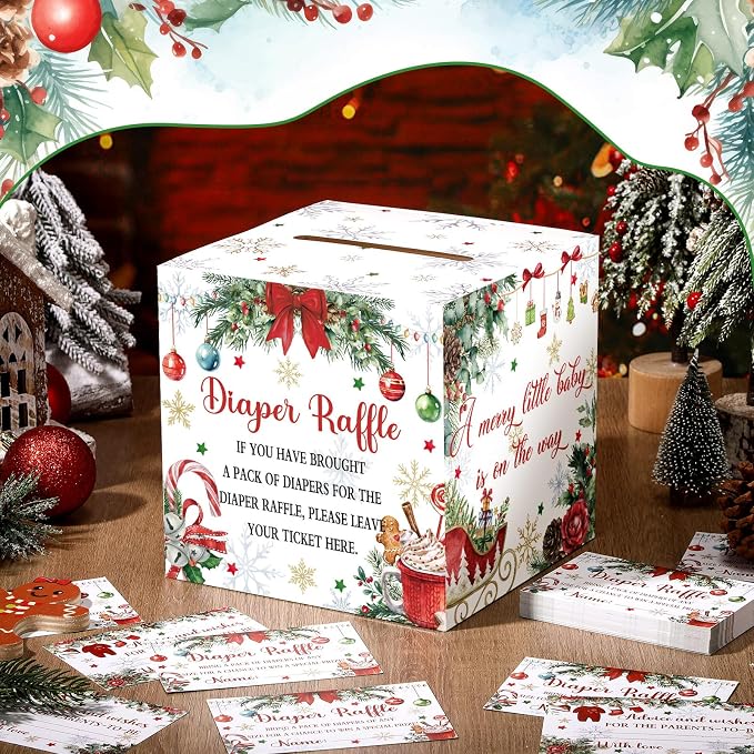 Teling 51 Pieces Diaper Raffle Tickets with Card Box Baby Shower Decorations Gender Reveal Holder Box for Girl Boy Diaper Raffle Party (A Santa Baby is on the Way)