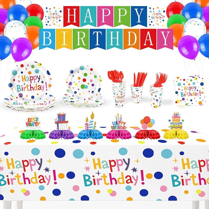 Happy Birthday Decorations – 226pcs Colorful Polka Dots Birthday Party Supplies Set with Plates, Napkins, Cups, Tablecloth, Banner, Balloons & Honeycomb Centerpieces, Serves 25