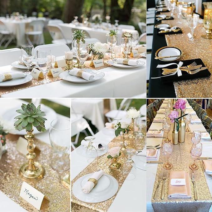 12 Packs Sequin Table Runner Champagne Gold 12 X 108 Inch Glitter Dining Table Runner for Birthday Wedding Engagement Bridal Baby Shower Bachelorette Holiday Celebration Party Supplies Decorations
