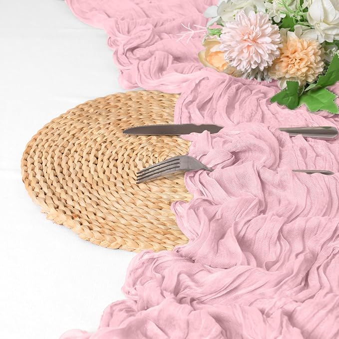 8 Pack Pink Cheesecloth Table Runner 10FT Light Pink Boho Gauze Cheese Cloth Table Runner Rustic Sheer Fabric Table Runners for Wedding Bridal Shower Baby Shower Party(21.5×120 Inch)