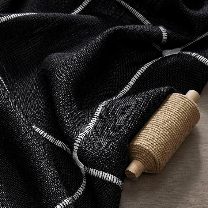 ZeeMart Grid Embroidered Hemmed Tablecloths, Black 60x60 Inch, Farmhouse Style Heavy Weight Cotton Linen Black Tablecloths, Boho Plaid Water Resistant Square Table Cloth