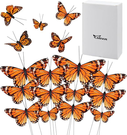 Ysleen 24 Pcs 3D Feather Monarch Butterfly Decor 4 Size Butterfly Wall Decorations Fake Artificial Stickers for Craft Home Wall Wedding Party Supplies (Orange)