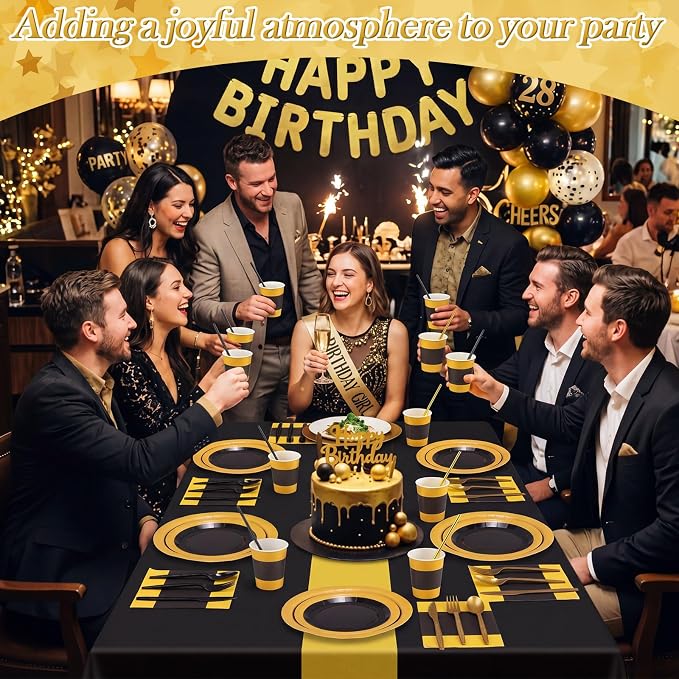 Funnymoom 452 Pcs Black and Gold Party Supplies for 50 Guest, Black Gold Paper Plates Cups Napkins Tablecloth Cutlery Straw Tableware Set for Graduation Birthday Retirement Wedding Party Decoration