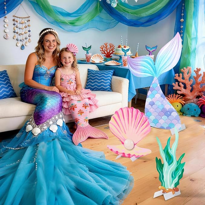 6 Pcs Mermaid Backdrop Under The Sea Birthday Party Decorations Large Mermaid Tail Seaweed Seashell Cardboard Cutouts Ocean Theme Booth Photo Props for Baby Shower Indoor Outdoor Decor
