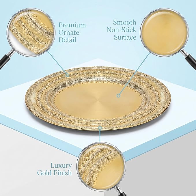 13 IN Gold Charger Plate Collection, 12-Piece Plastic Decorative Plates, Disposable Charger Plates Bulk for Anniversary Halloween Bachelor Party (Lace Gold, 12 PCS)