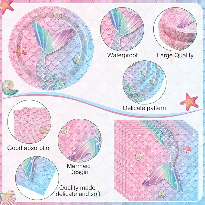 400 Pcs Mermaid Party Decoration for 50, Pink Blue Mermaid Birthday Paper Plates Napkins Cup Cutlery Under The Sea Princess Disposable Tableware for Baby Shower Ocean Birthday Party Supply