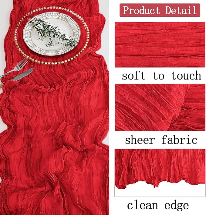 16 Pack Red Cheesecloth Table Runner 20 x 120 inch Gauze Table Runners 10 FT Long,Semi Sheer Boho Cheese Cloth Fabric Table Runner Bulk for Party,Wedding,Baby Shower,Bridal Shower Decoration