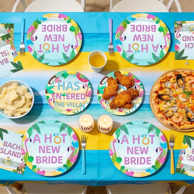 96Pcs Bach Island Bachelorette Party Supplies A Hot New Bride Plates and Napkins Tropical Island Theme Tableware Set for Love Theme Bridal Shower Bachelorette Party Decorations Serves 24