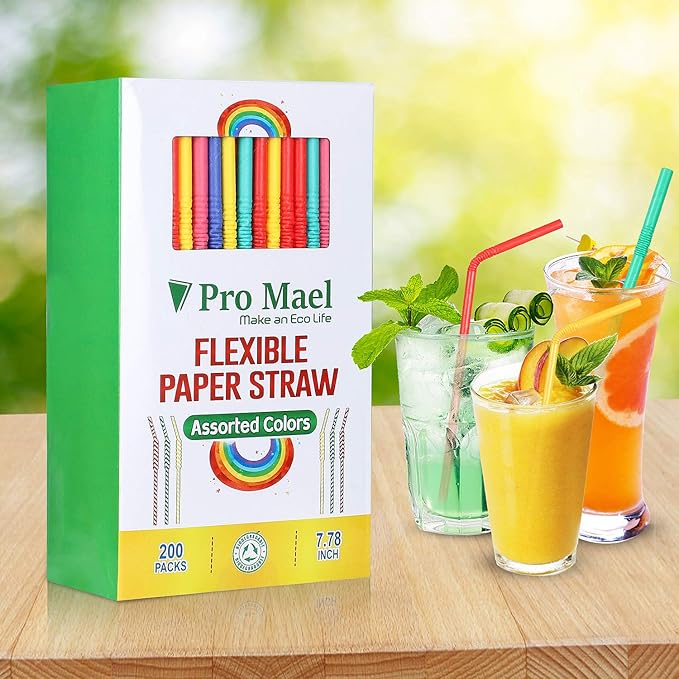 Pro Mael Paper Drinking Straws, Flexible Straws for Juices, Shakes, Smoothies, Disposable Straw for Birthdays, Weddings & Party (200 Pack, 5 Colors)