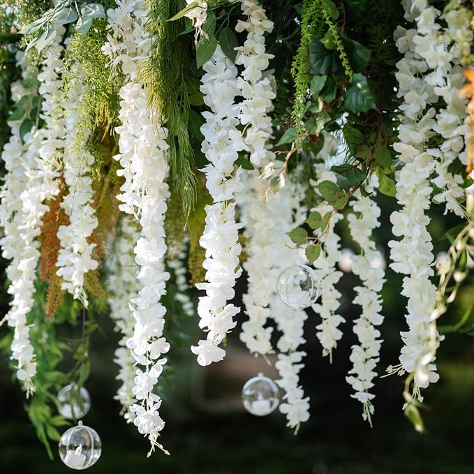 50 Pack White Wisteria Hanging Flowers,Fake Hanging Wisteria Flowers Garland for Decoration (3.6 Ft/Pcs)
