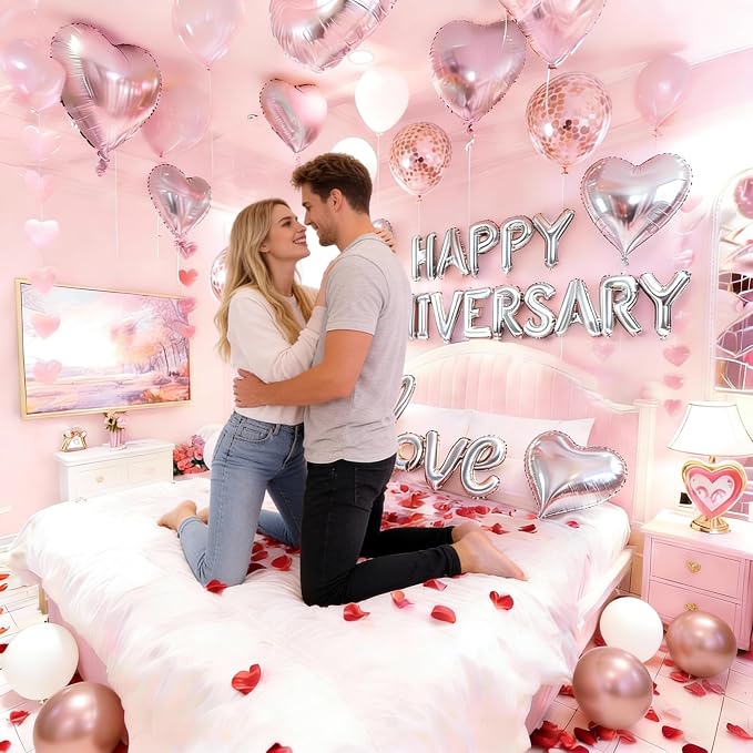Rose Gold Anniversary Decorations Kit – 1000 Rose Petals, Happy Anniversary Banner, Love Heart Balloon – Romantic Room Decor Set for Wife, Husband, Parents, Valentine's Day Anniversary Surprise