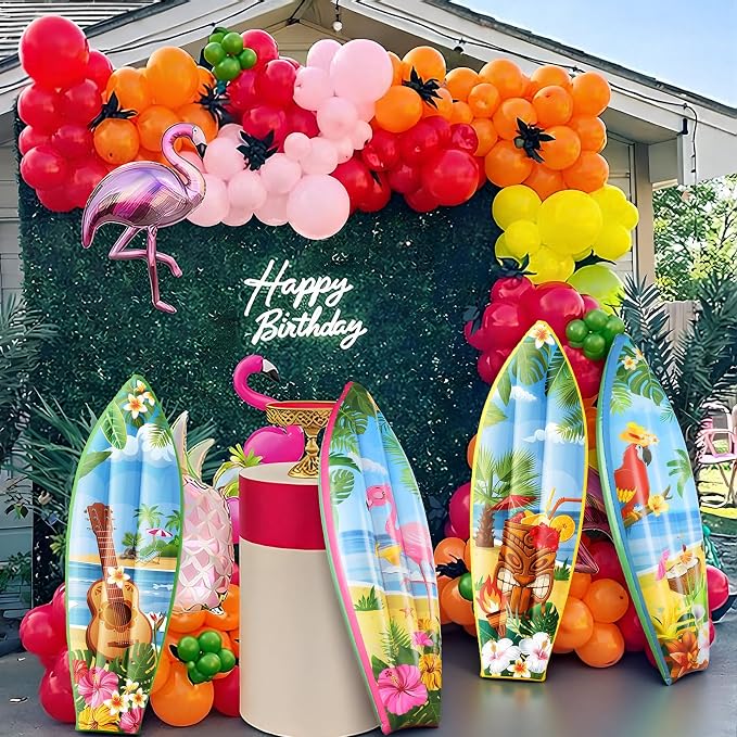 JellyArch 4 Pcs Hawaiian Inflatable Surfboard Tropical Flamingos Hawaiian Luau Party Decorations Blow up Pool Floats Surfboard Prop Wall Decor Palm Tree Summer Tiki Bar Pool Beach Party Decorations